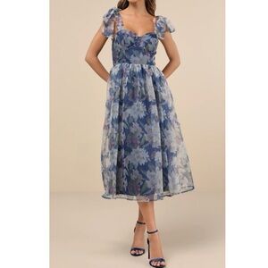 Lulus Delightful Impulse Blue Floral Organza Bustier Midi Dress Medium
